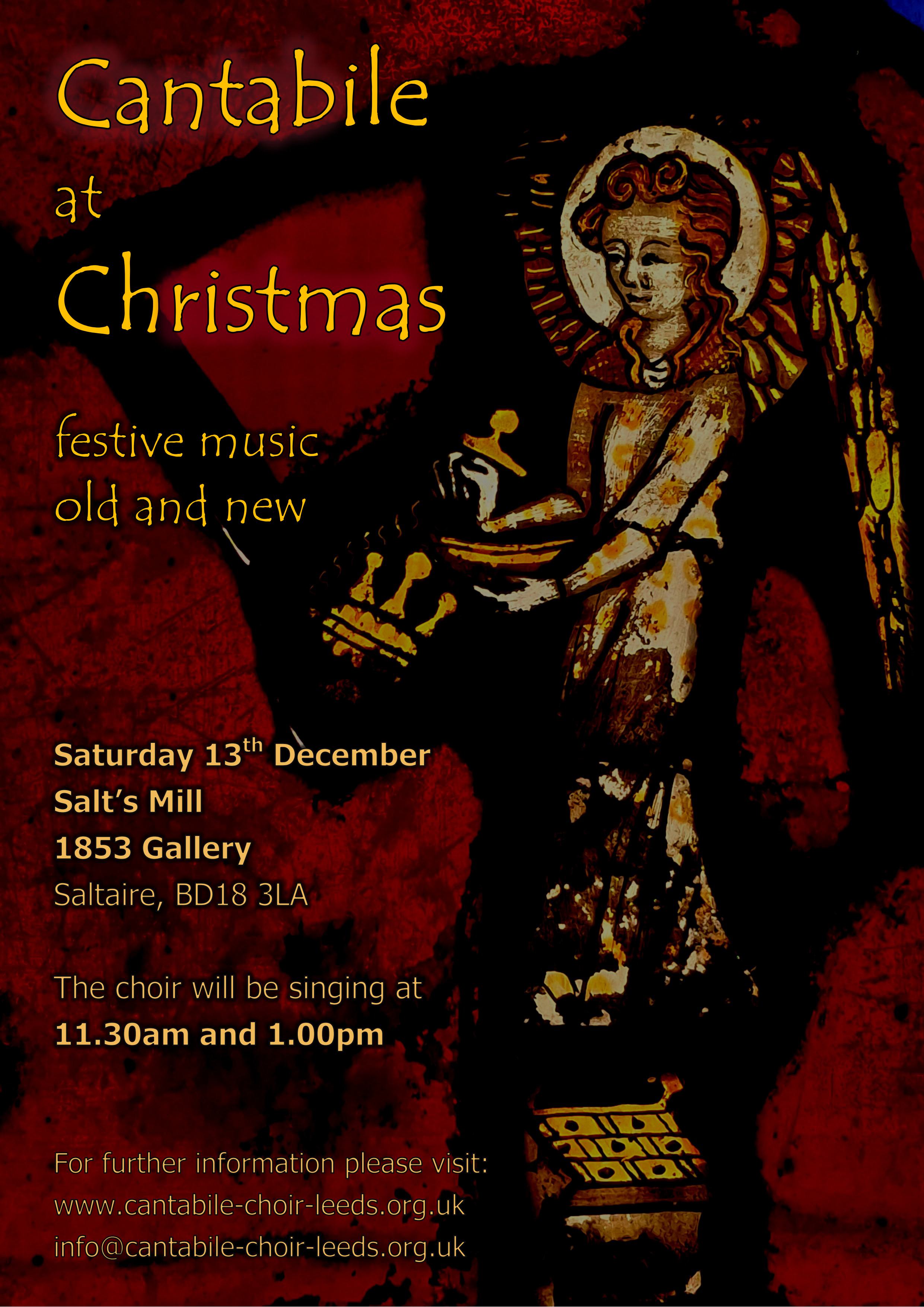 Christmas with Cantabile. Stained glass angel in the background.